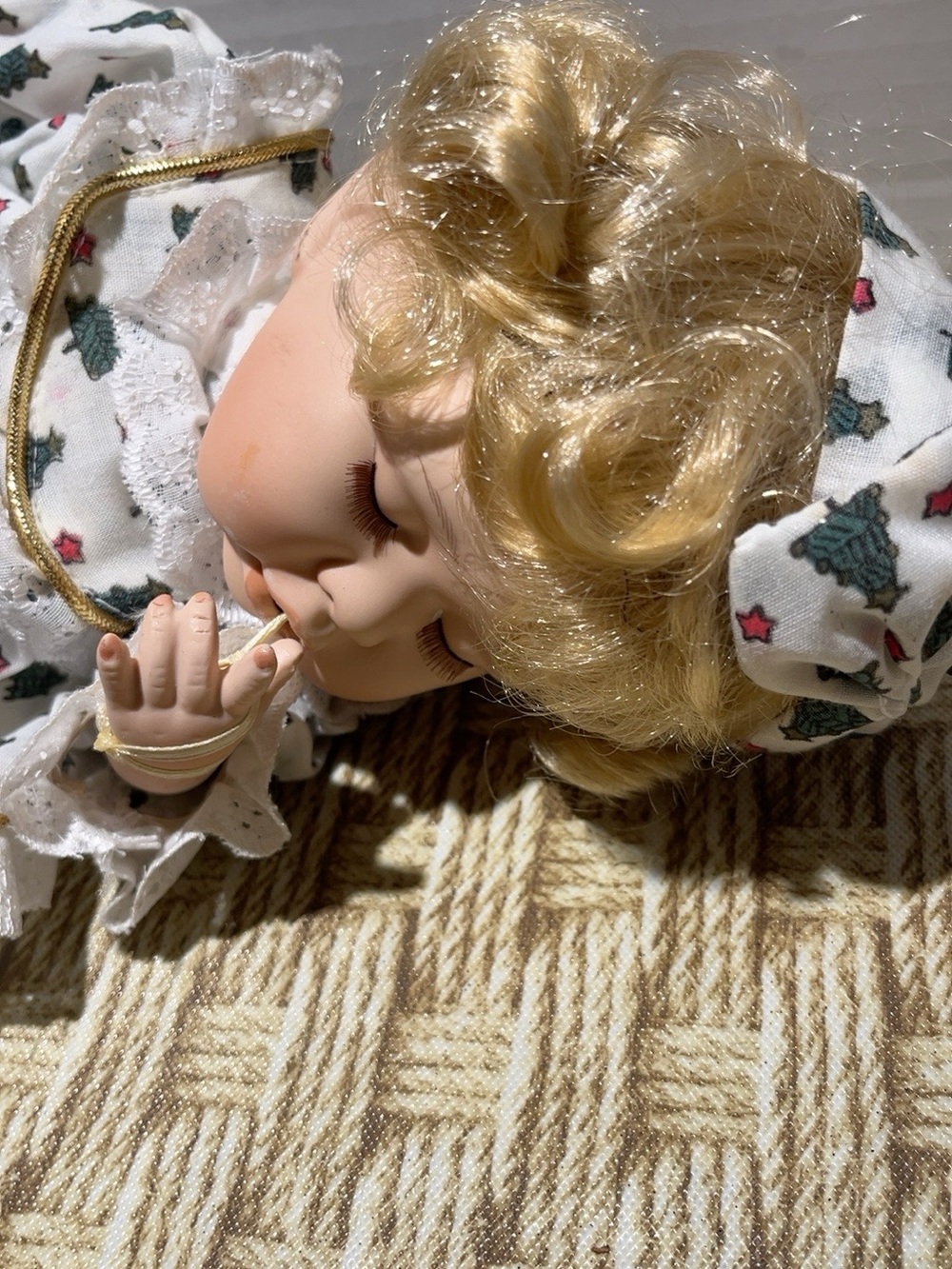 Sleeping Christmas Doll 14” Blonde Pajamas Teddy Bear Slippers Holiday Decor